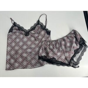 Victoria's Secret Plaid Satin Lace Trim Cami Pajama Set Women's M